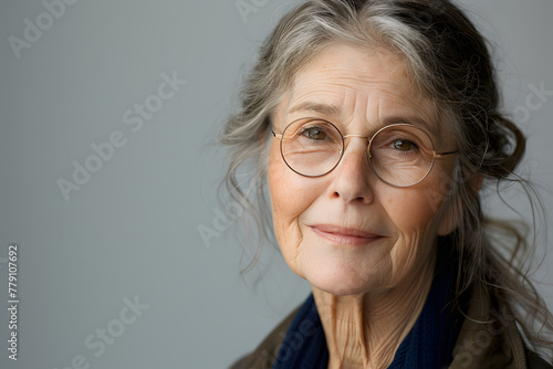 Closeup portrait of elderly woman in glasses, isolated on light background