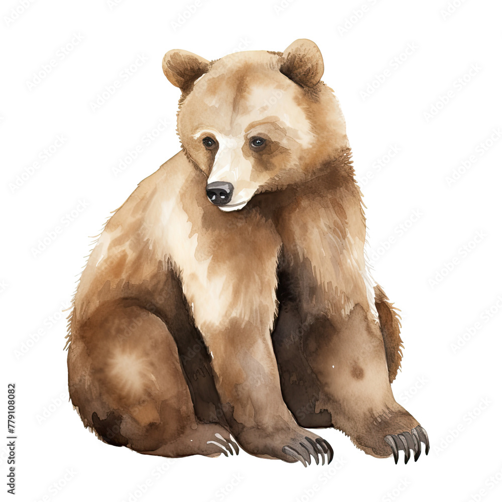AI-generated watercolor cute brown grizzly bear sitting clip art