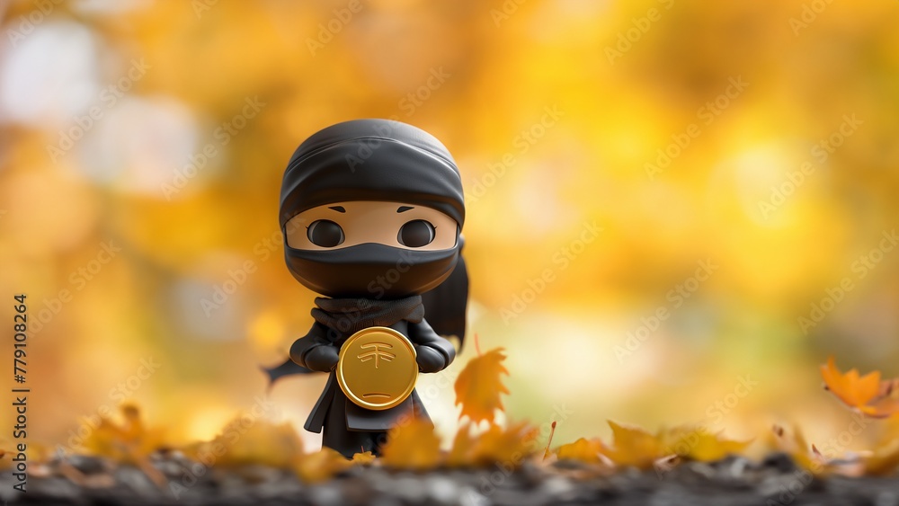 Nija Frau verhüllt hält goldenen Coin in der Hand als Figur Cartoons Nija Frau verhüllt hält goldenen Coin in der Hand als Figur Cartoons