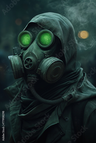 Stalker wearing a gas mask in acid green smoke © Oleksandr