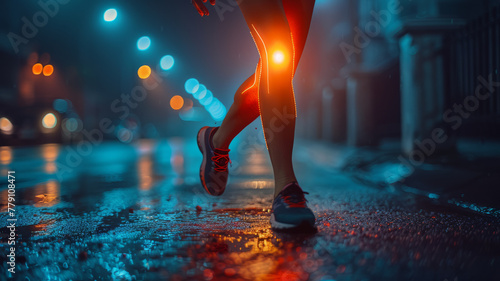 A composite showing a runner's leg with a glowing, red outline around the knee to signify joint pain, generative ai © LomaPari2021