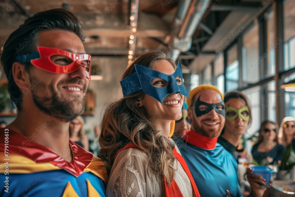 Employees dressed in superhero costumes at a company costume party