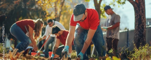 Employees volunteering together for a community service project, such as cleaning up a park photo