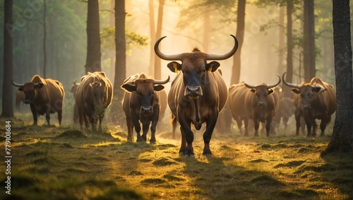 A small herd of brown bulls walking through a sunlit forest.

 photo