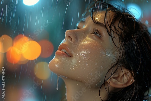 Portrait of a young woman with wet hair in the rain at night. young beautiful girl in the rain. Selective focus