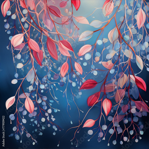 Delicate pink and blue leaves cascade on a deep blue background.
