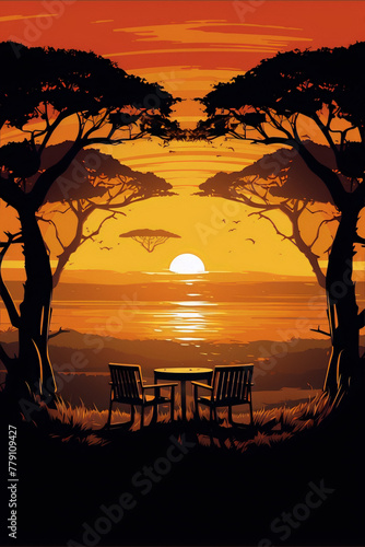 Sunset vista, African trees, peaceful scene, outdoor table.
