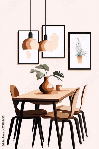 A cozy dining room interior, warm colors and simple design.
