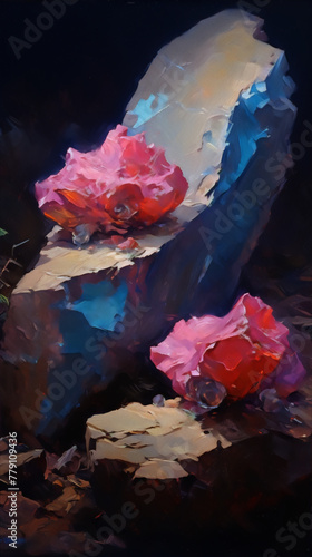 Pink crystals rest on textured stone, vibrant colors.
