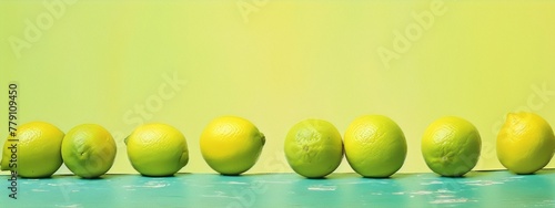 Row of limes and lemons on a teal surface.