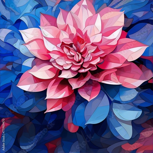 A vibrant pink dahlia, detailed in geometric shapes, surrounded by deep blues.
