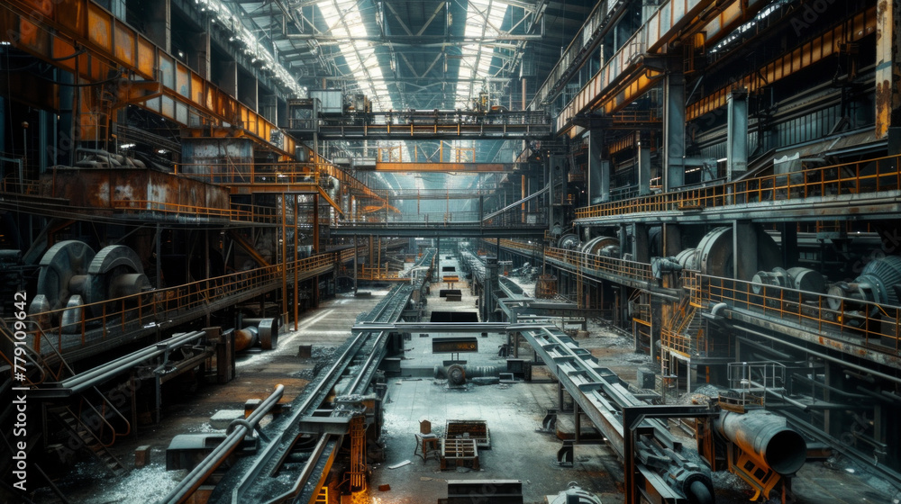 A massive steel mill with rolling mills and casting machines, temporarily dormant but capable of shaping molten metal into strong structures