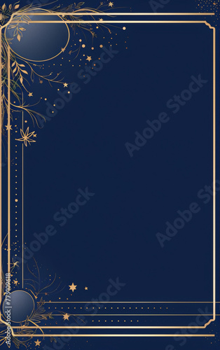 Elegant navy blue background with gold floral and celestial design.
