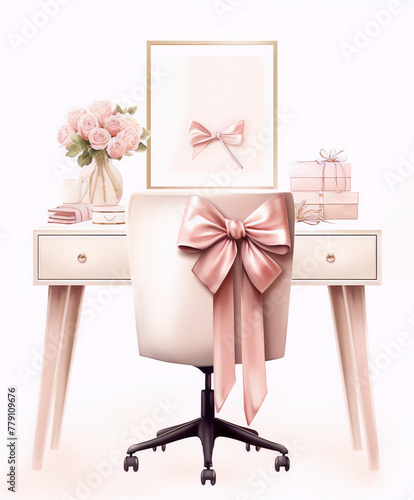 Pink desk chair with a large rose-gold bow. Elegant workspace.
