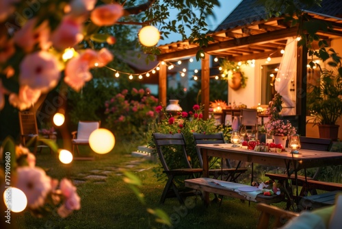 Backyard garden adorned with fairy lights and blooming flowers, where friends gather for a festive outdoor party