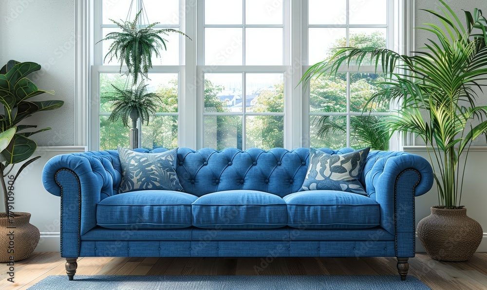 Home interior mock-up with blue sofa, wooden table and decor in blue living room, Home interior mock-up with blue sofa, wooden table and decor in blue living room,
