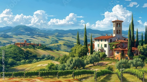 Tuscan Hills Winery I oil paint illustration