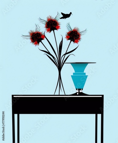 Red flowers, teal vase, on a black table. A quiet elegance.
