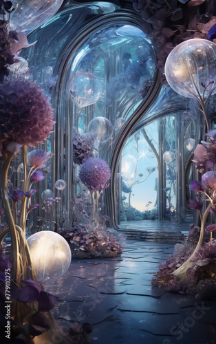 Mystical, glowing forest interior with purple flora and glass orbs.
