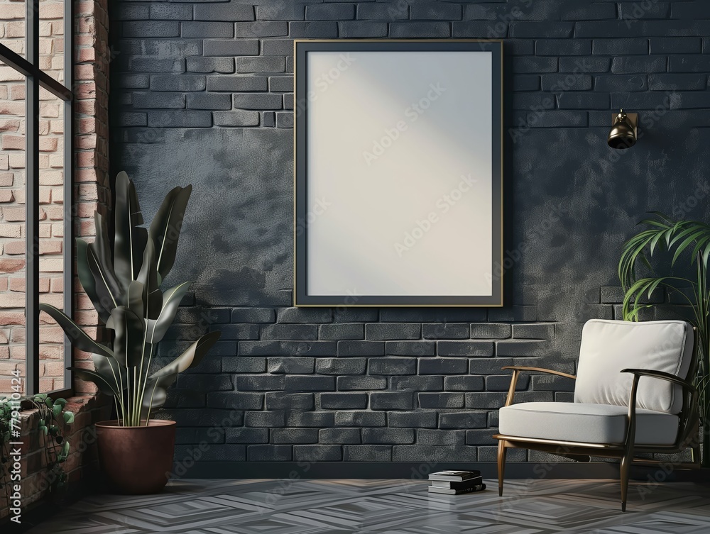 Frame mockup on a brick wall in modern dark home interior background Frame mockup on a brick wall in modern dark home interior background