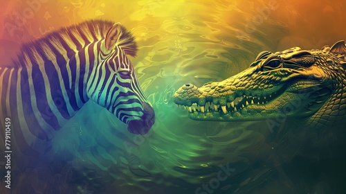 Savanna Standoff: Zebra vs Crocodile in a Vivid Clash of Stripes and Scales. © Alex