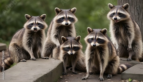 A Raccoon With A Group Of Other Raccoons Socializ photo