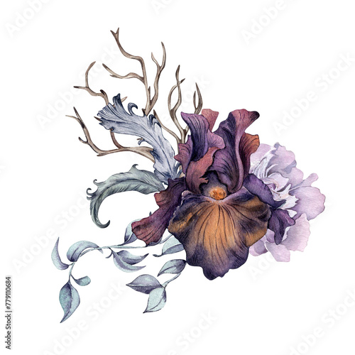 Gothic floral Illustration hand drawn. Black iris flowers and leaves watercolor isolated on white. Botanical decoration with snag, branch and feathers for dark party. Element for invitation, printing