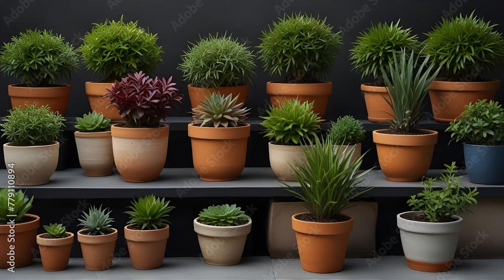 collection of ornamental plants  in pots .Generative AI