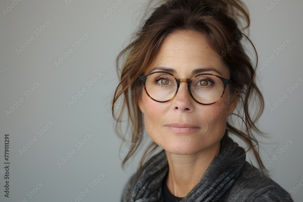Closeup portrait of middle age mature beautiful woman in glasses, isolated on light grey background Closeup portrait of middle age mature beautiful woman in glasses, isolated on light grey background