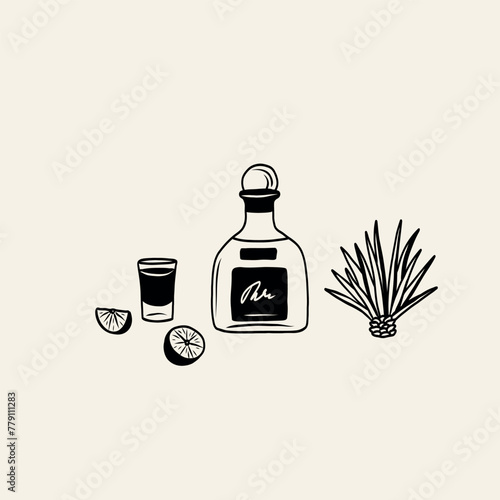 Line art doodle tequila bottle, shot, agave, lime