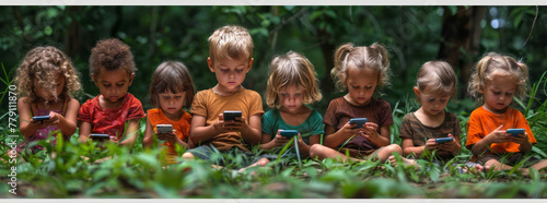 Children in solitude, lost in screens amidst lush greenery. A poignant portrayal of disconnection in a natural, vibrant setting.generative ai photo