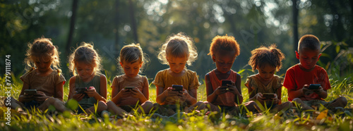 Children in solitude, lost in screens amidst lush greenery. A poignant portrayal of disconnection in a natural, vibrant setting.generative ai photo