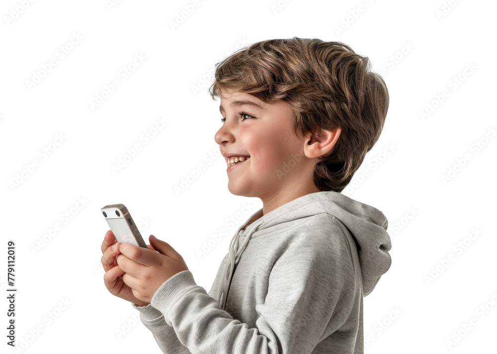 Young Boy with Phone Smiling on Transparent Young Boy with Phone Smiling on Transparent