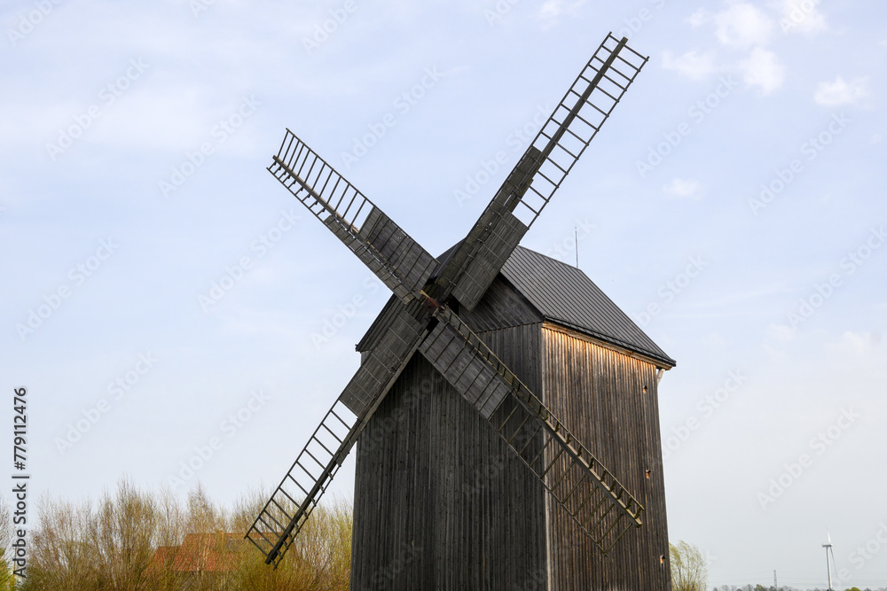 Traditional wooden paltrak windmill. Żuławy. Poland
