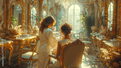 Blonde stylist tends to dark-haired client, both enchanted by beauty in ornate, romantic ambiance.generative ai photo