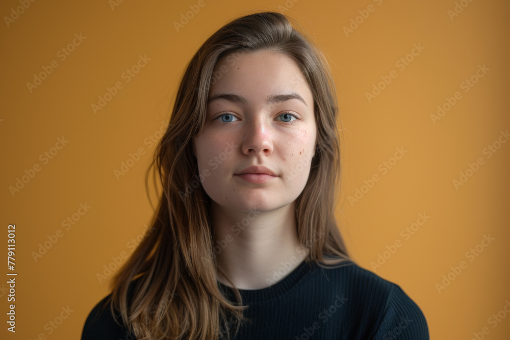 A woman with long hair and blue eyes looks at the camera A woman with long hair and blue eyes looks at the camera