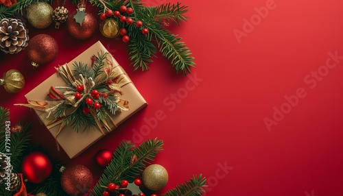 Gift box, christmas decorations on red background. Flat lay, top view, copy space © Visual Vortex