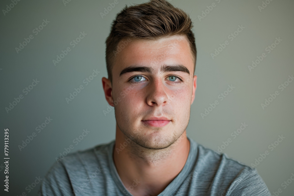 A young man with green eyes and a gray shirt looks at the camera A young man with green eyes and a gray shirt looks at the camera