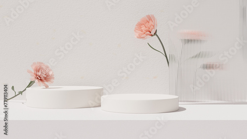 3D rendering image illustration of empty space podium display for product mockup flower background