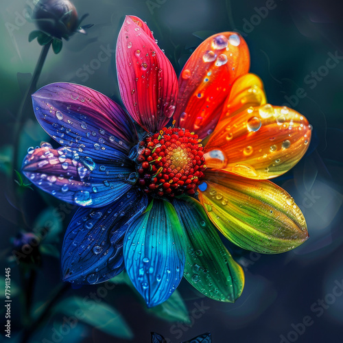 Rainbow-colored flower with water droplets