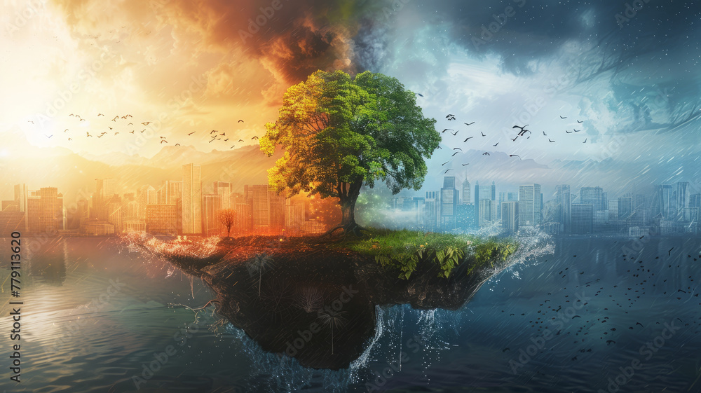Comprehensive global warming image portrays causes, impacts, mitigation strategies, individual roles, emphasizing collective responsibility.generative ai