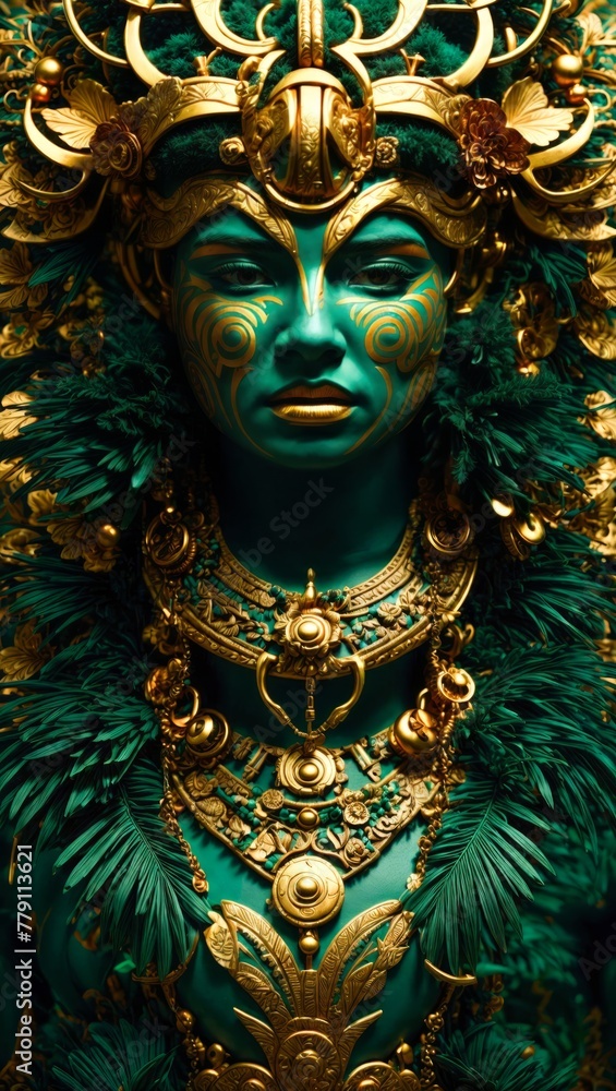 Obraz premium Portrait of a woman in a carnival mask. Eco-style with gold ornament