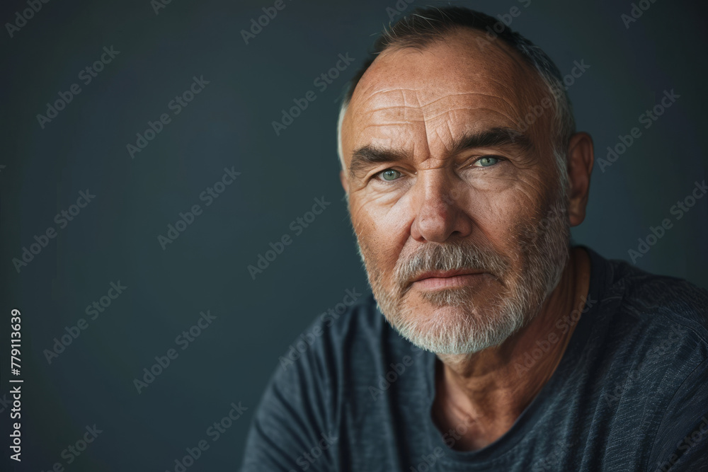 Obraz premium A man with a beard is wearing a blue shirt