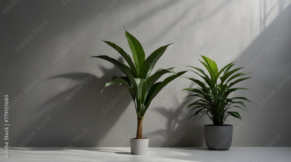 2 vertical sheets of textured white paper on soft gray table background. Mockup overlay with the plant shadows. Natural light casts shadows from an exotic plant..Generative AI
