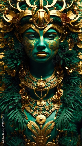 Portrait of a woman in a carnival mask. Eco-style with gold ornament