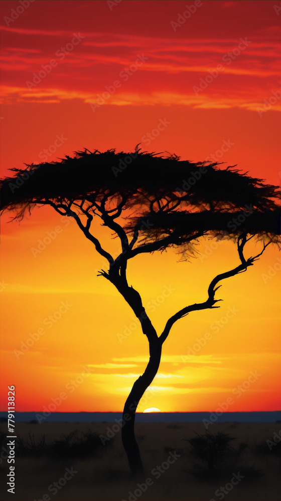 Silhouette of a lone acacia tree against a fiery sunset over the African savanna. Silhouette of a lone acacia tree against a fiery sunset over the African savanna.