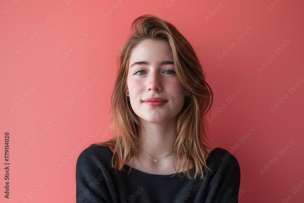 A woman wearing a black sweater and a gold necklace stands in front of a pink wall A woman wearing a black sweater and a gold necklace stands in front of a pink wall