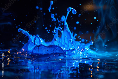 The image is of a splash of water with blue and white colors