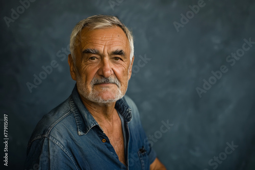 A man with gray hair and a beard is wearing a blue shirt