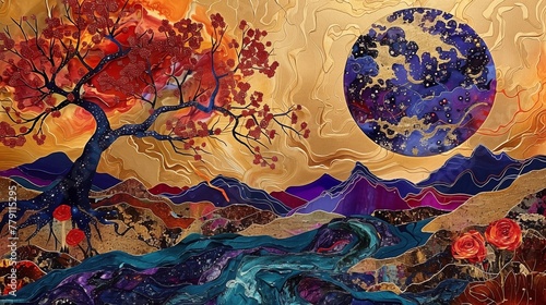 splash abstract painting depicting a mountain landscape at sunset, with stunning moon and vivid colors